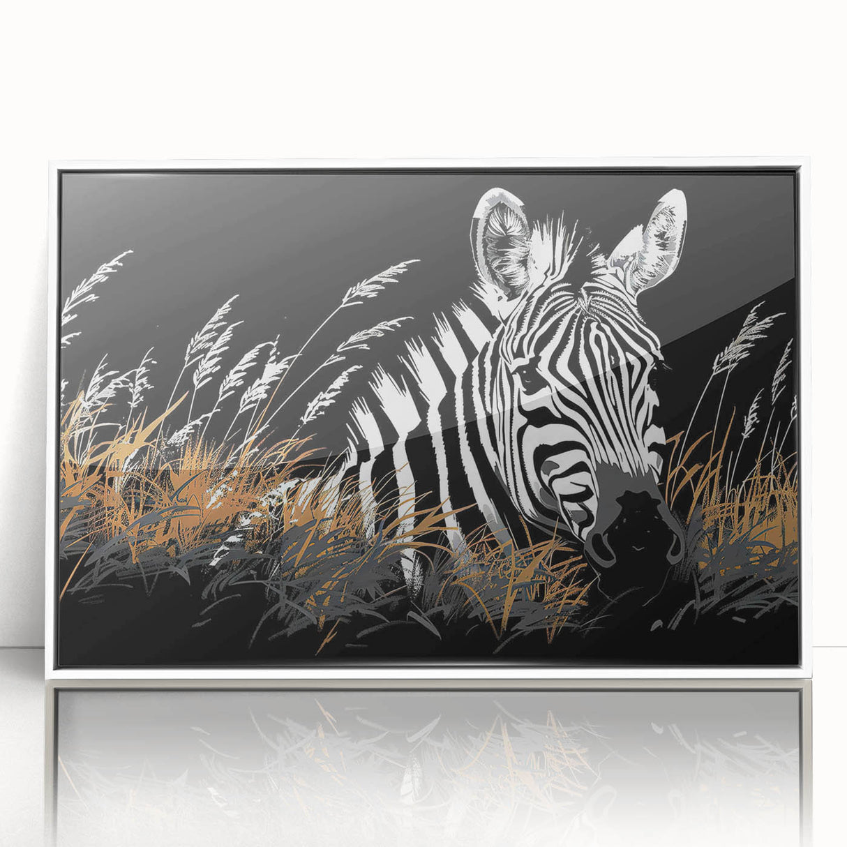 Framed acrylic wall art featuring a striking zebra design in a white frame, perfect for adding a modern touch to any living space or office decor. Ideal for animal lovers and wildlife enthusiasts.