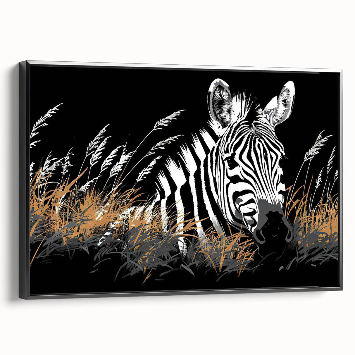 Framed wall art featuring a striking black and white zebra design, showcasing intricate details and textures, perfect for adding a touch of wildlife elegance to any room.
