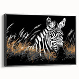 Framed wall art featuring a striking black and white zebra design, showcasing intricate details and textures, perfect for adding a touch of wildlife elegance to any room.