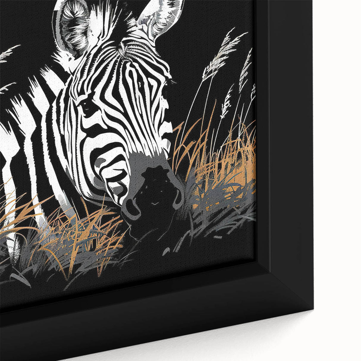 Close-up of a framed canvas wall art piece featuring a vibrant zebra design, showcasing intricate black and white stripes, ideal for animal lovers and home decor enthusiasts.