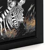 Close-up of a framed canvas wall art piece featuring a vibrant zebra design, showcasing intricate black and white stripes, ideal for animal lovers and home decor enthusiasts.