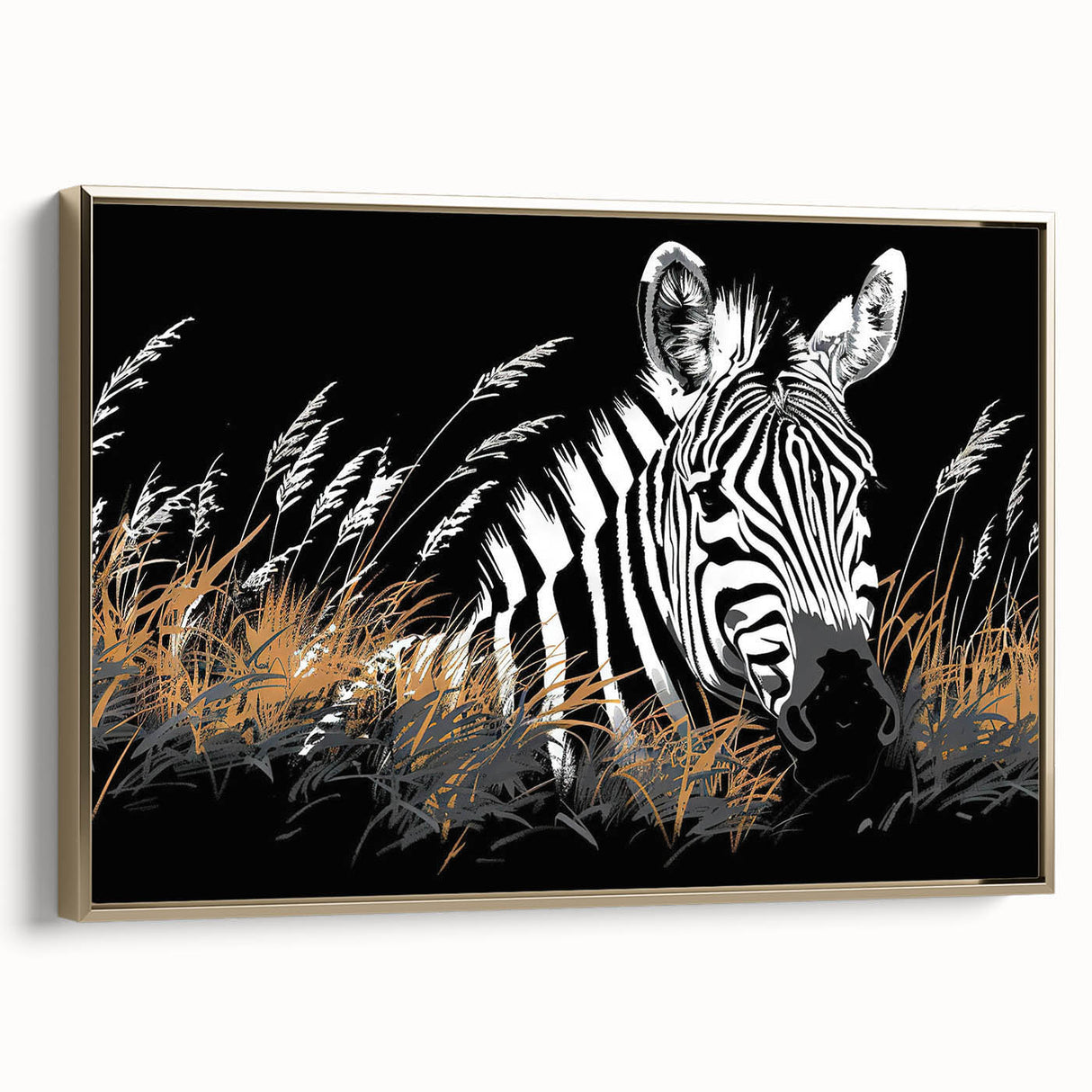 Framed canvas wall art showcasing a striking zebra design in gold hues, perfect for adding a touch of wildlife elegance to home decor. Ideal for animal lovers and art enthusiasts.