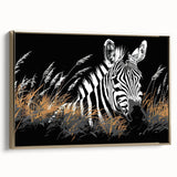 Framed canvas wall art showcasing a striking zebra design in gold hues, perfect for adding a touch of wildlife elegance to home decor. Ideal for animal lovers and art enthusiasts.