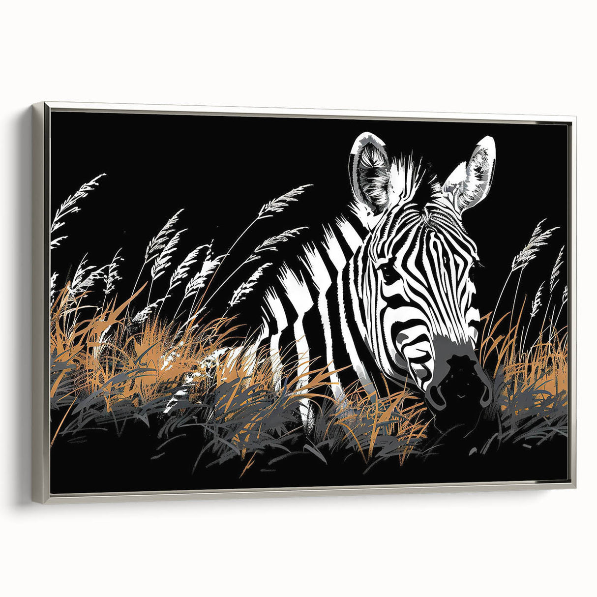 Framed wall art featuring a striking zebra design on canvas, with a sleek silver frame. The artwork embodies a modern wildlife aesthetic, perfect for animal lovers.