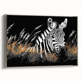 Framed wall art featuring a striking zebra design on canvas, with a sleek silver frame. The artwork embodies a modern wildlife aesthetic, perfect for animal lovers.
