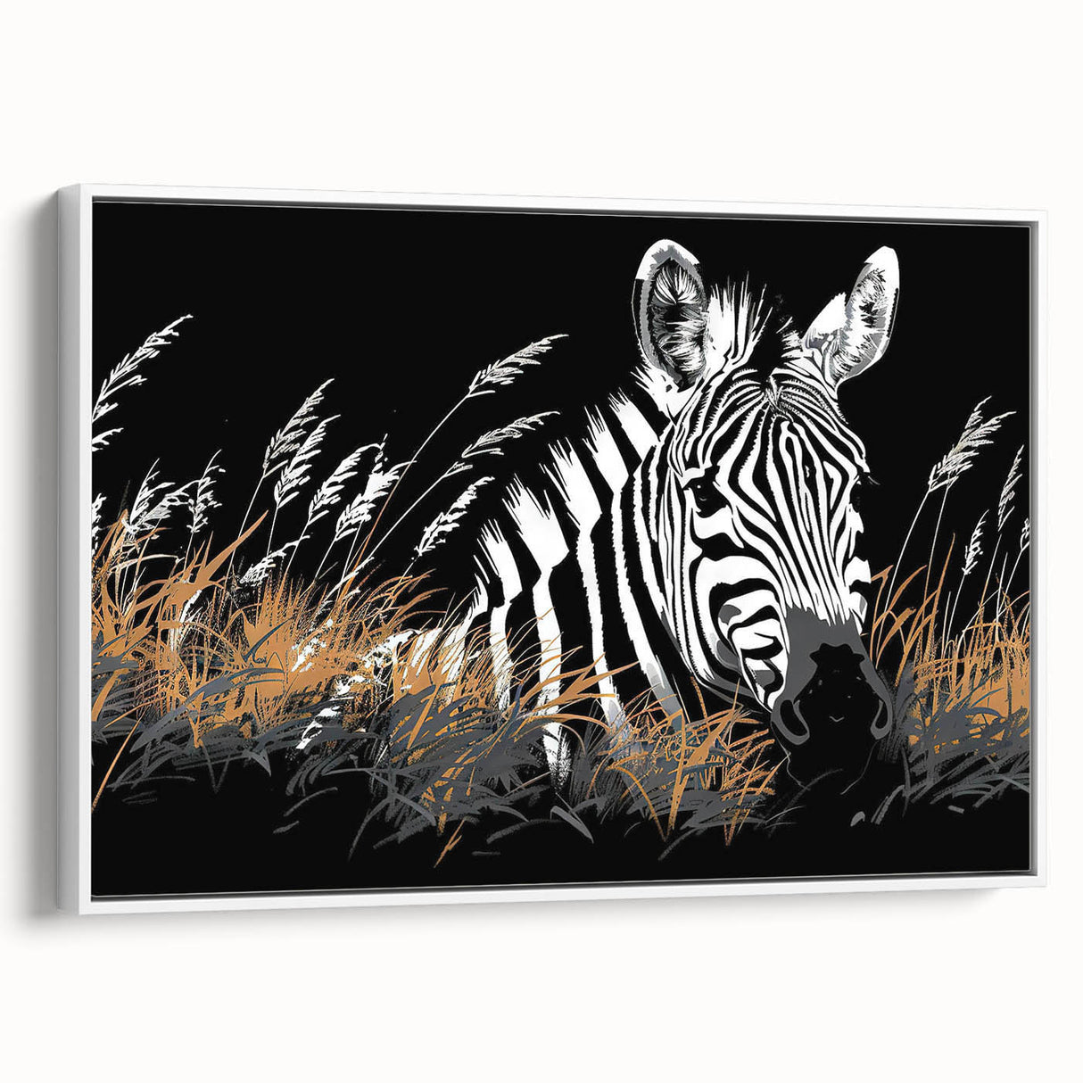 Framed canvas wall art showcasing a striking zebra design in black and white, perfect for animal lovers and modern decor enthusiasts, displayed from a side view.