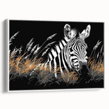 Framed canvas wall art showcasing a striking zebra design in black and white, perfect for animal lovers and modern decor enthusiasts, displayed from a side view.