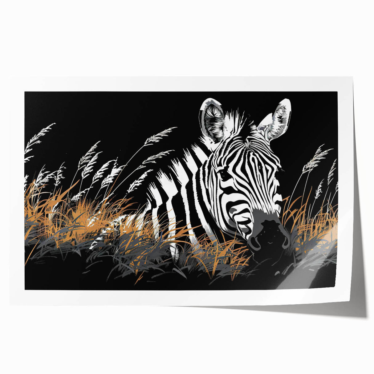 Zebra wall art print showcasing a vibrant black and white design, ideal for adding a touch of wildlife decor to any room. Perfect for animal lovers and modern interiors.