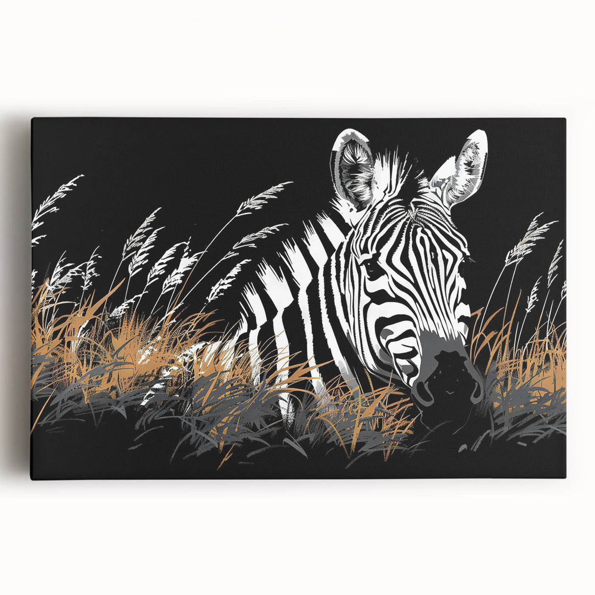 Zebra wall art design on stretched canvas, showcasing bold black and white stripes, perfect for wildlife enthusiasts and modern home decor. Ideal for adding a touch of nature to any space.