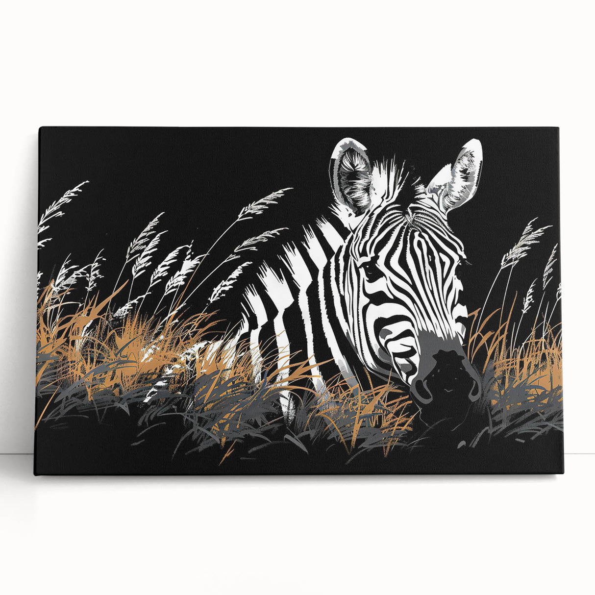 Zebra wall art featuring a striking black and white design on stretched canvas, showcasing intricate detailing and vibrant colors, perfect for animal lovers and modern decor.