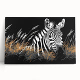 Zebra wall art featuring a striking black and white design on stretched canvas, showcasing intricate detailing and vibrant colors, perfect for animal lovers and modern decor.