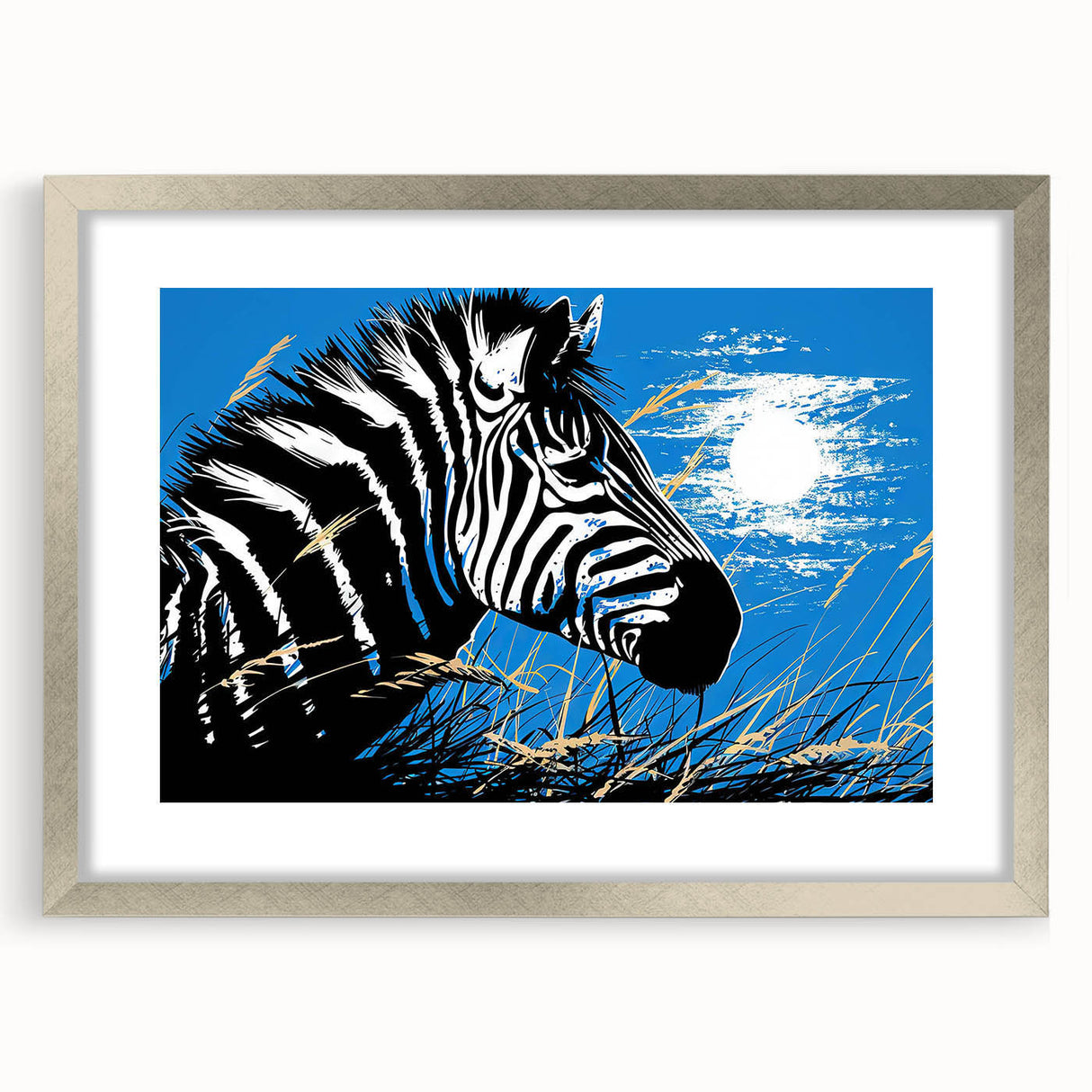Zebra-themed wall art framed in silver matting, showcasing intricate details and a modern design, perfect for enhancing home decor with a wildlife aesthetic.