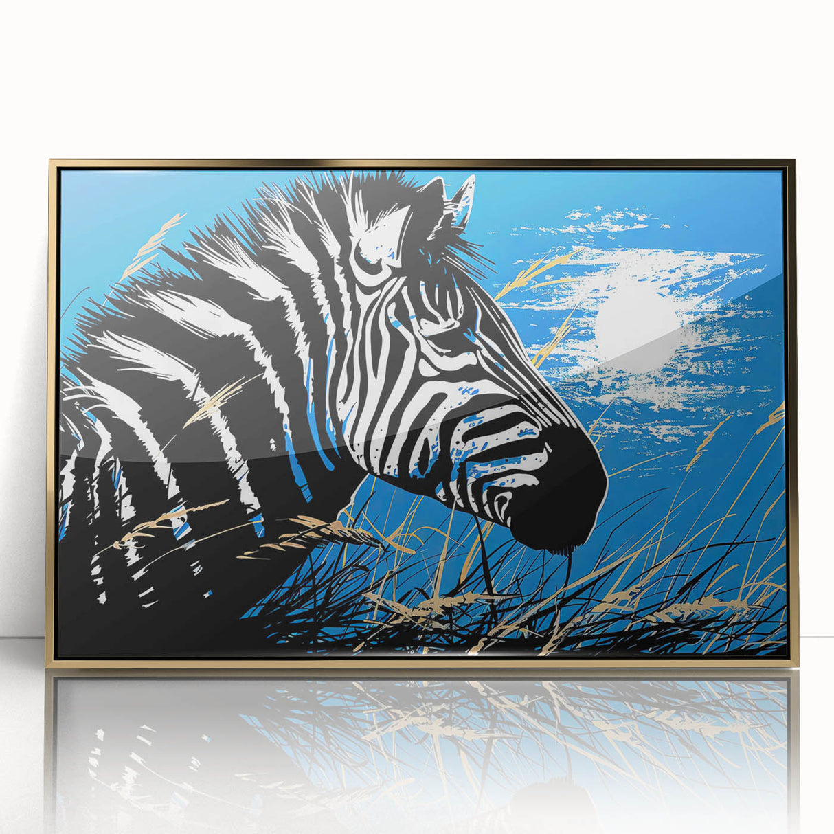 Framed wall art featuring a striking zebra design in gold accents, showcasing intricate details and vibrant colors, ideal for animal-themed decor in modern interiors.