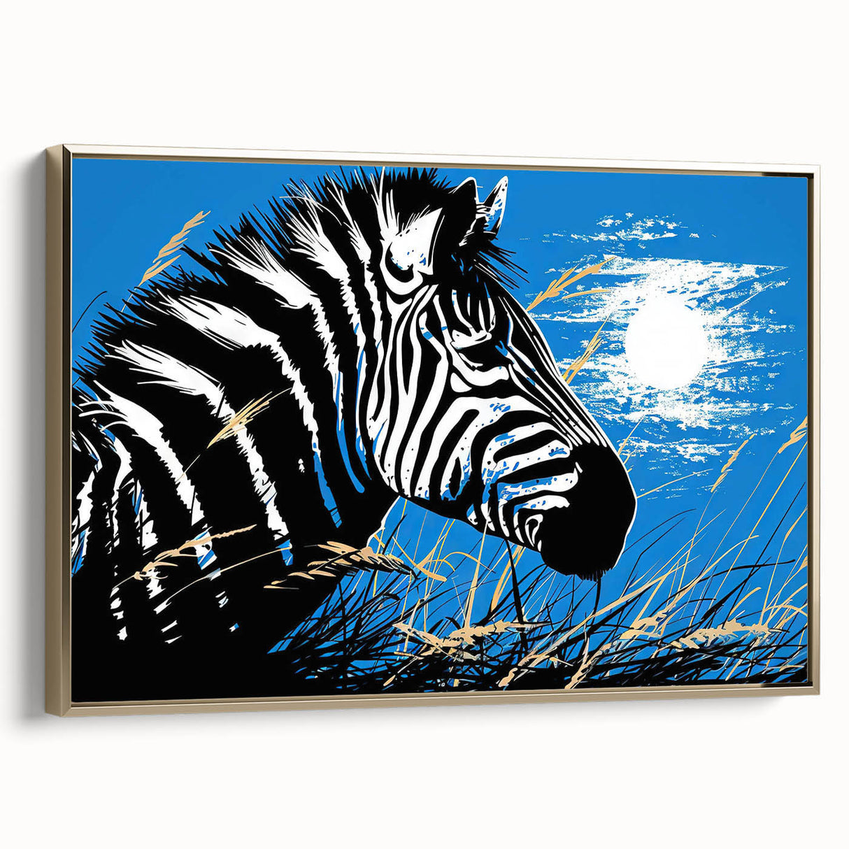 Framed canvas wall art featuring a striking zebra design, showcasing bold black and white stripes with a gold frame, ideal for modern decor in living spaces.