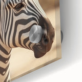 Close-up view of a vibrant zebra design wall art piece, showcasing intricate black and white stripes on acrylic glass. Perfect for wildlife decor enthusiasts.
