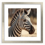 Framed zebra wall art design in silver frame with matting, showcasing a striking black and white zebra illustration, perfect for animal lovers and modern decor.