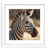 Black and white zebra wall art framed with a white mat, showcasing a modern design perfect for animal-themed decor. Ideal for enhancing living spaces.