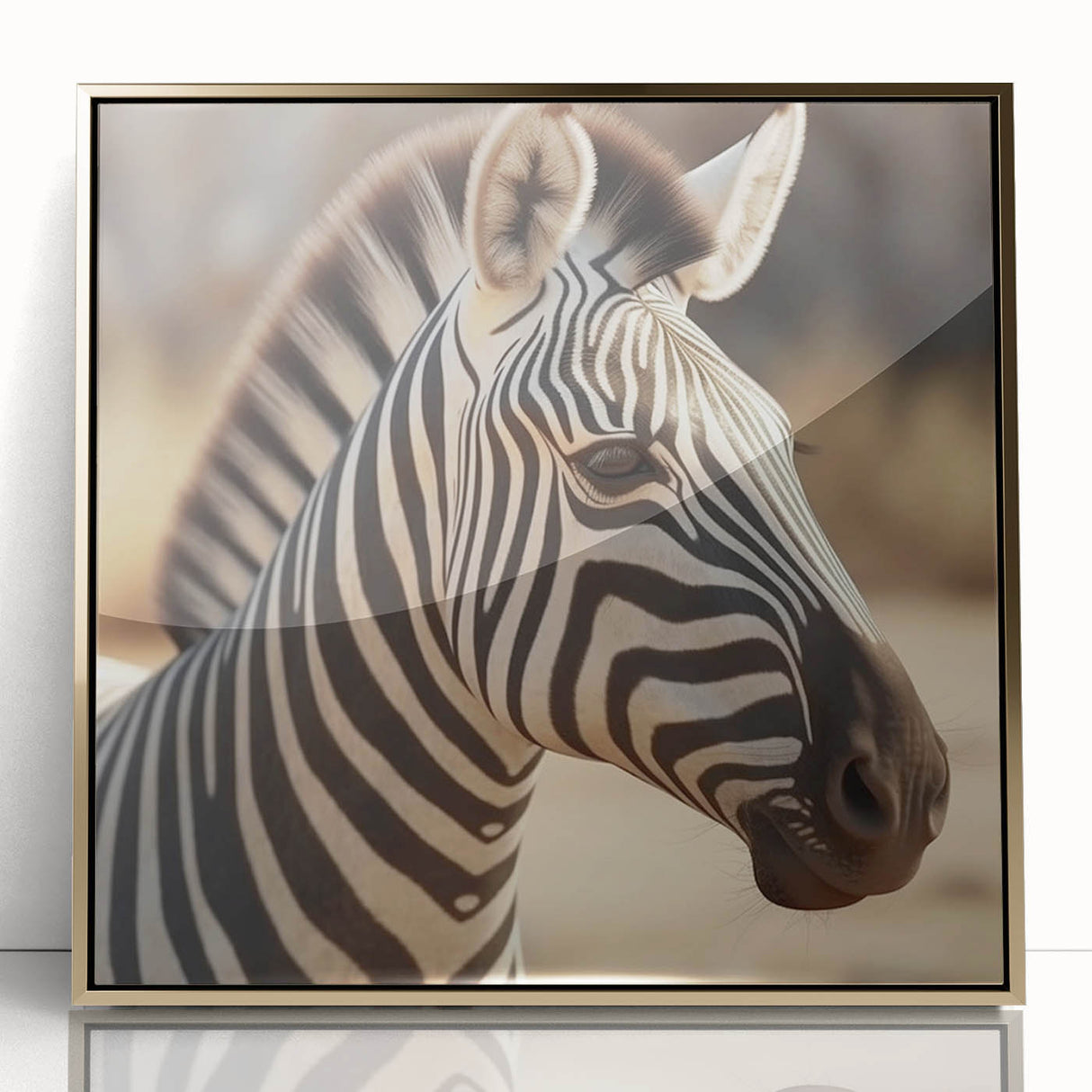 Framed wall art featuring a striking zebra design in bold black and white colors, accented with a sleek gold frame, perfect for modern decor.