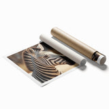 Zebra-themed wall art print showcasing a striking black and white design, rolled for easy display, perfect for adding a touch of wildlife decor to any space.