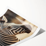 Zebra-patterned wall art print showcasing intricate black and white stripes, highlighting the beauty of wildlife design. Ideal for nature-themed decor in any space.
