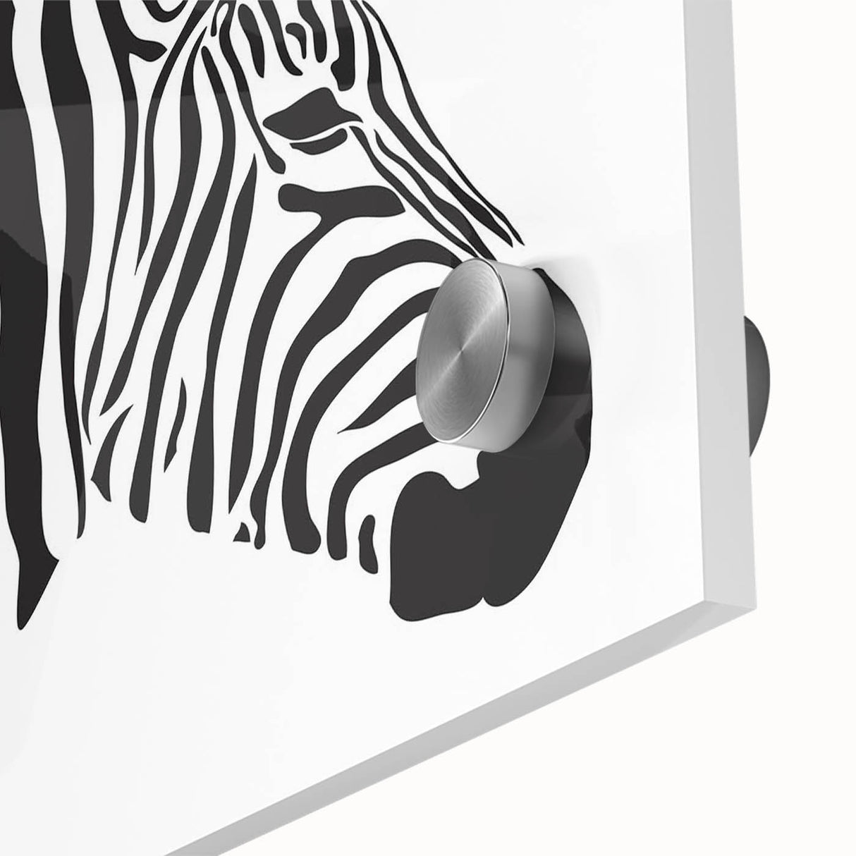 Close-up of a striking zebra wall art design, showcasing intricate black and white stripes on acrylic glass, perfect for modern home decor.