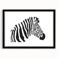 Framed wall art featuring a striking zebra design from the "Animals A Wild Life" collection, with a sleek black frame and mat, perfect for modern decor.