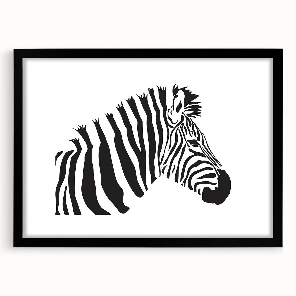 Framed wall art featuring a striking zebra design from the "Animals A Wild Life" collection, with a sleek black frame and mat, perfect for modern decor.