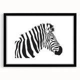Framed wall art featuring a striking zebra design from the "Animals A Wild Life" collection, with a sleek black frame and mat, perfect for modern decor.