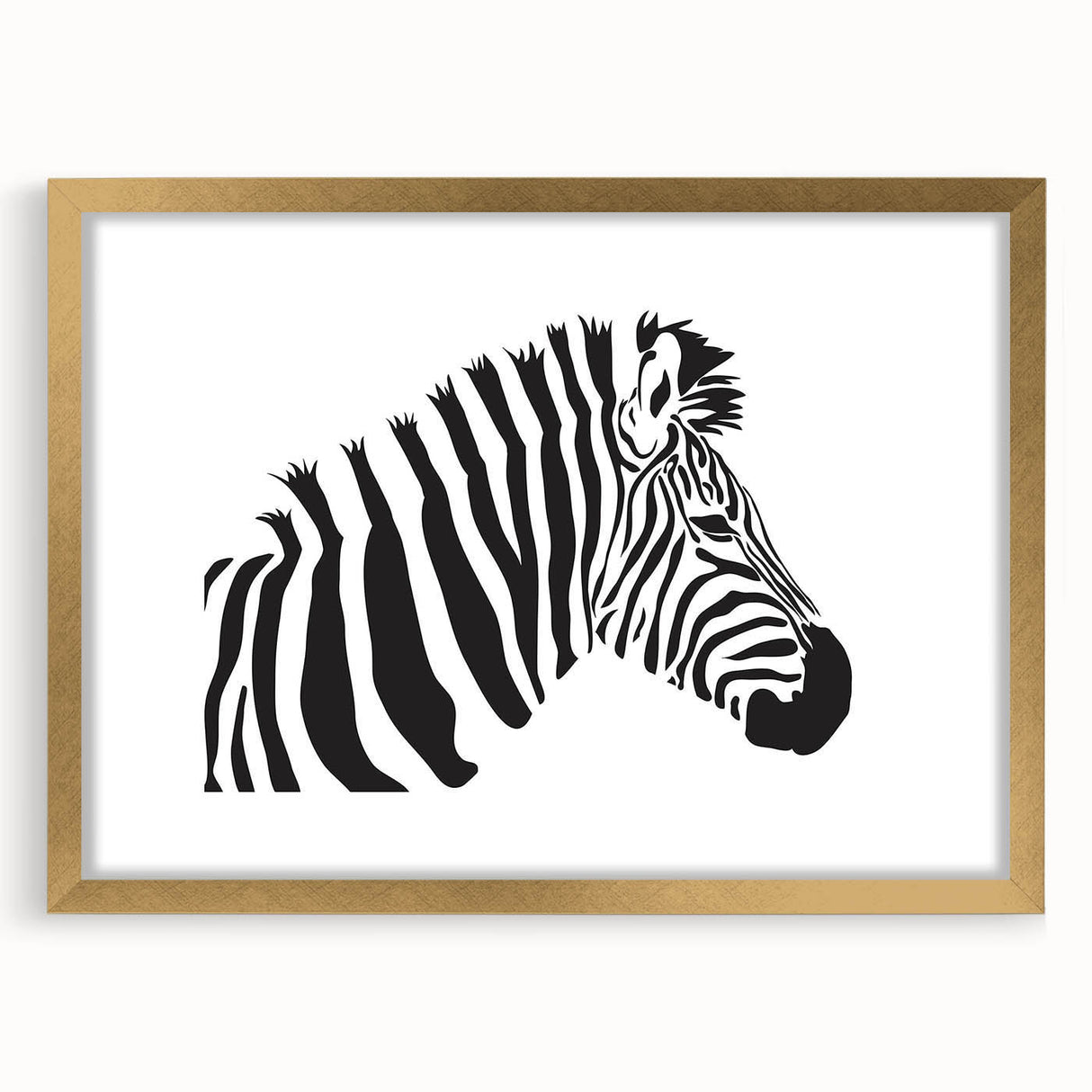 Framed wall art featuring a striking zebra design in gold, showcasing a modern aesthetic with a matte finish, perfect for animal lover decor.