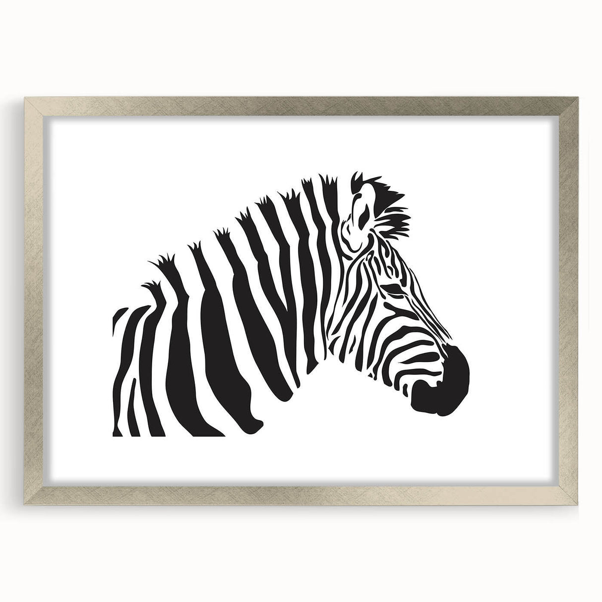 Zebra-themed wall art frame showcasing a striking black and white zebra design, elegantly bordered in silver, perfect for wildlife enthusiasts and modern decor.