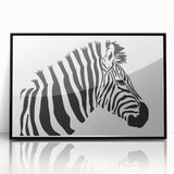 Framed black wall art displaying a striking zebra design from the 'Animals: A Wild Life' collection, showcasing bold monochrome contrasts ideal for modern decor.