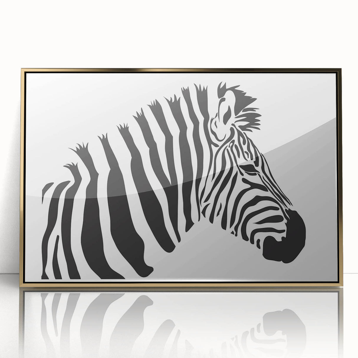Framed wall art featuring a striking zebra design in a gold-accented acrylic frame, showcasing intricate patterns and bold black-and-white stripes, ideal for animal lovers.