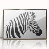 Framed wall art featuring a striking zebra design in a gold-accented acrylic frame, showcasing intricate patterns and bold black-and-white stripes, ideal for animal lovers.