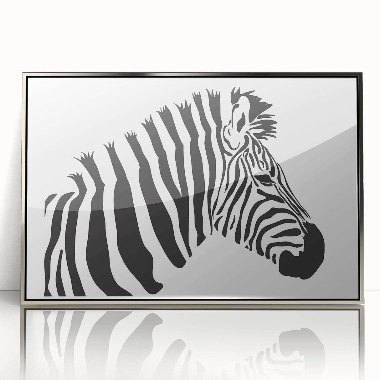 Framed wall art featuring a striking zebra design in black and white, elegantly displayed with a silver frame, perfect for adding a modern touch to any room decor.