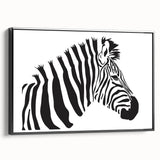 Framed wall art featuring a striking black and white zebra design, showcasing intricate details and textures, perfect for animal lovers and modern decor.