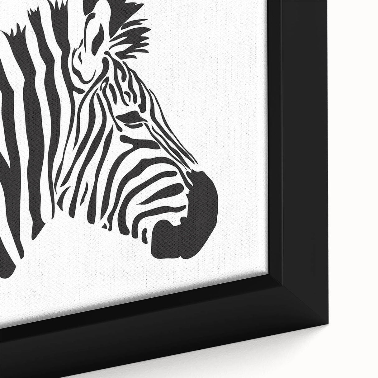 Close-up of a framed canvas wall art featuring a striking zebra design, showcasing intricate black and white patterns, perfect for wildlife enthusiasts and home decor.