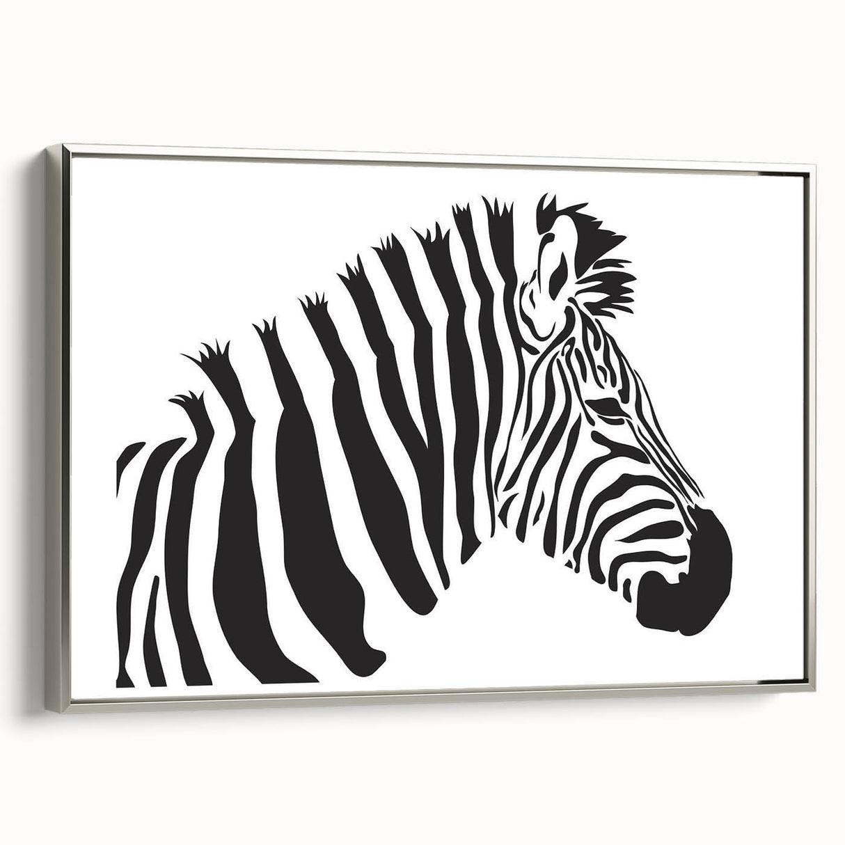 Framed canvas wall art featuring a striking zebra design in silver tones, showcasing a side view of the print, perfect for adding a wild touch to home decor.