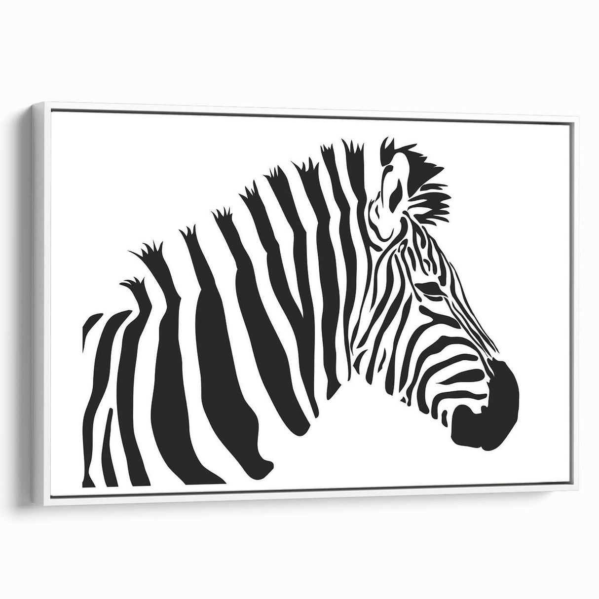 Framed canvas wall art showcasing a striking zebra design in a modern white frame, perfect for adding a contemporary touch to home decor.
