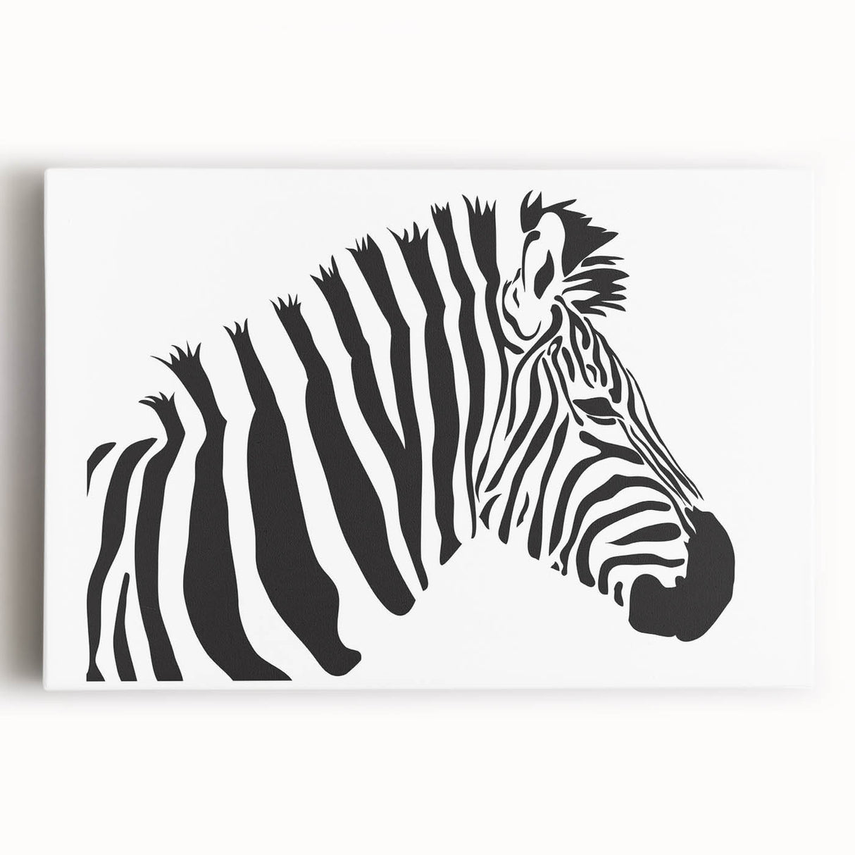 Stretched canvas art depicting a striking zebra design, showcasing bold black and white stripes against a neutral background, perfect for wildlife-themed decor.