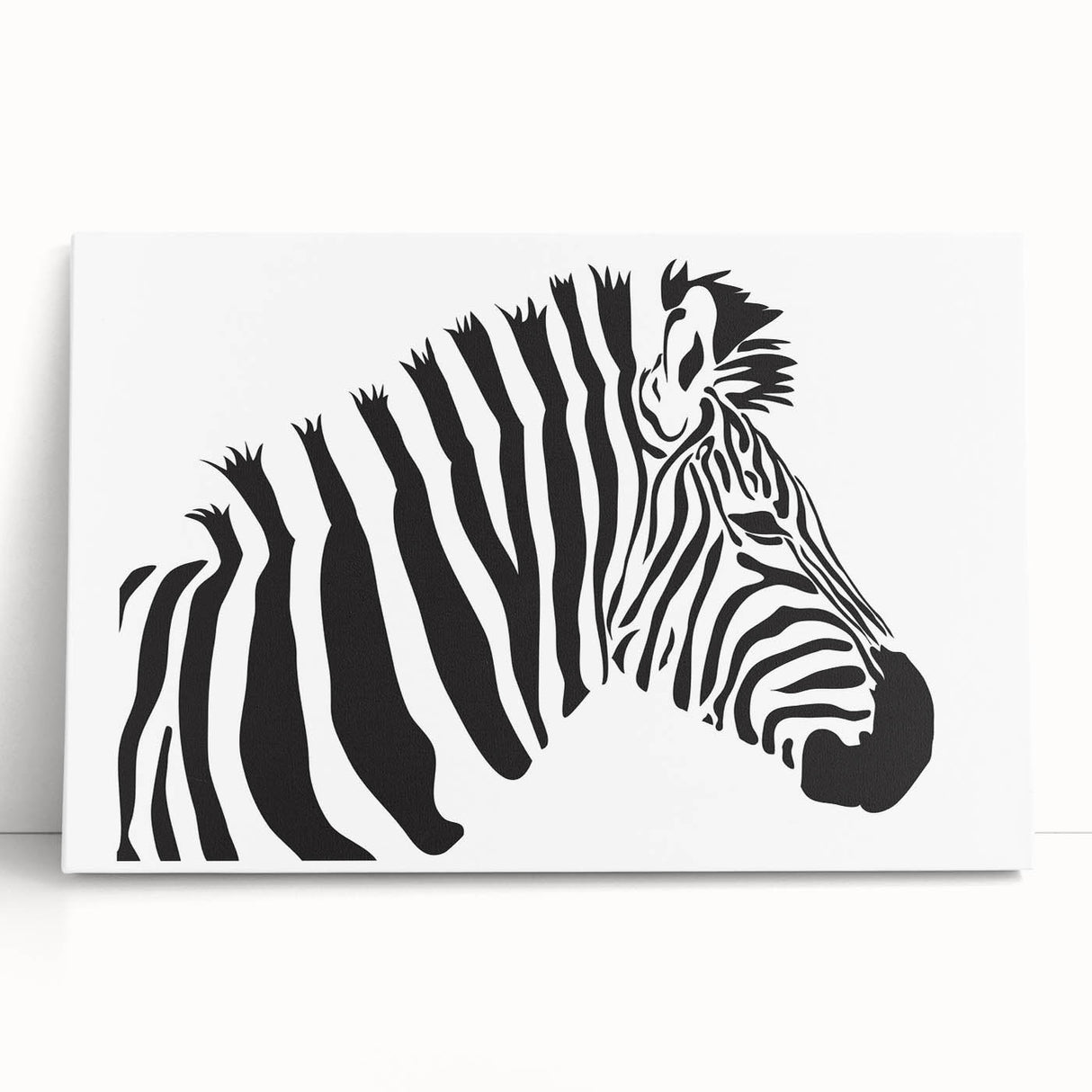 Stretched canvas wall art showcasing a striking black and white zebra design, perfect for animal lovers and modern decor enthusiasts, adding a touch of wild elegance to any space.