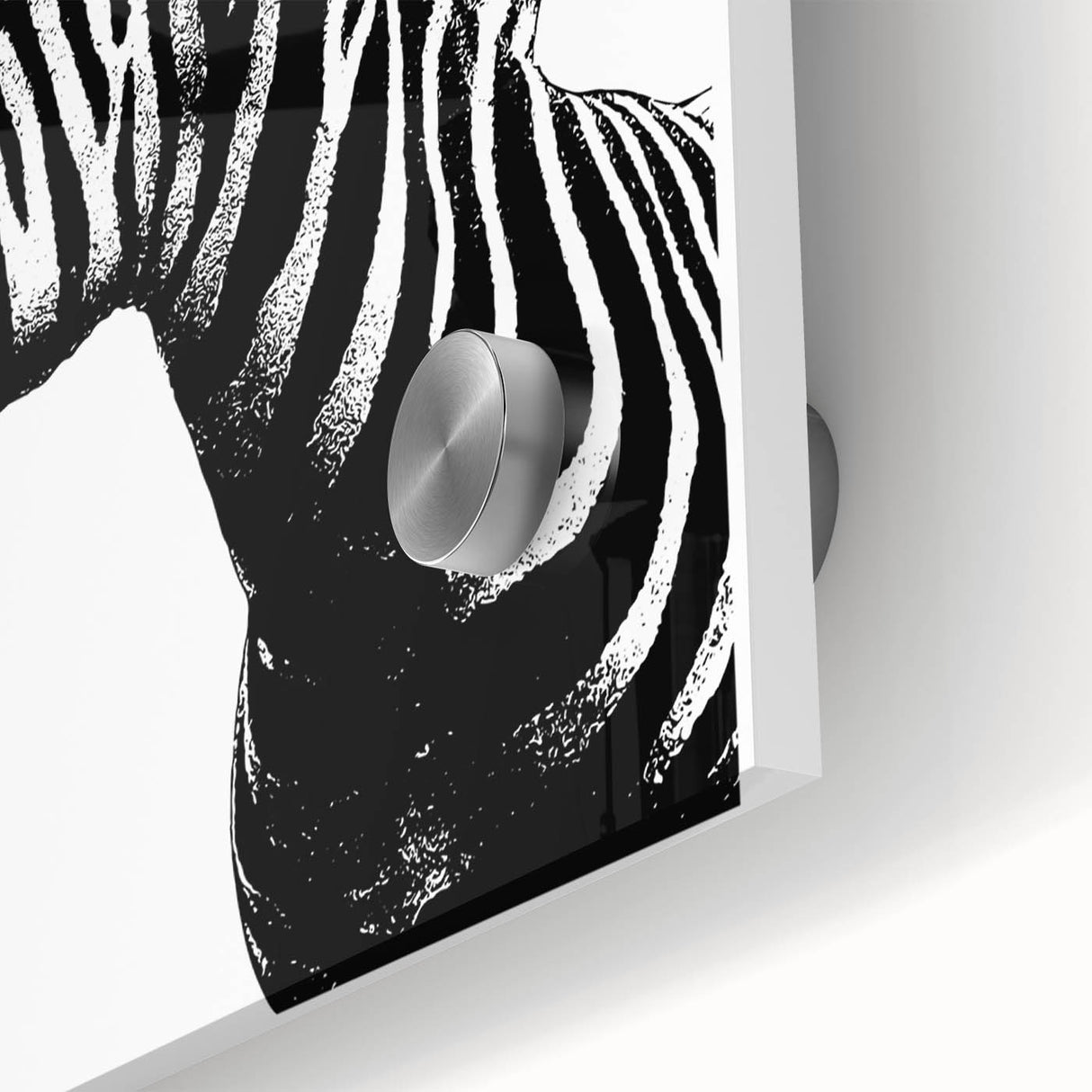 Close-up of a vibrant acrylic glass wall art featuring a detailed zebra design, showcasing bold black and white stripes, ideal for wildlife enthusiasts and modern decor.