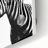 Close-up of a vibrant acrylic glass wall art featuring a detailed zebra design, showcasing bold black and white stripes, ideal for wildlife enthusiasts and modern decor.