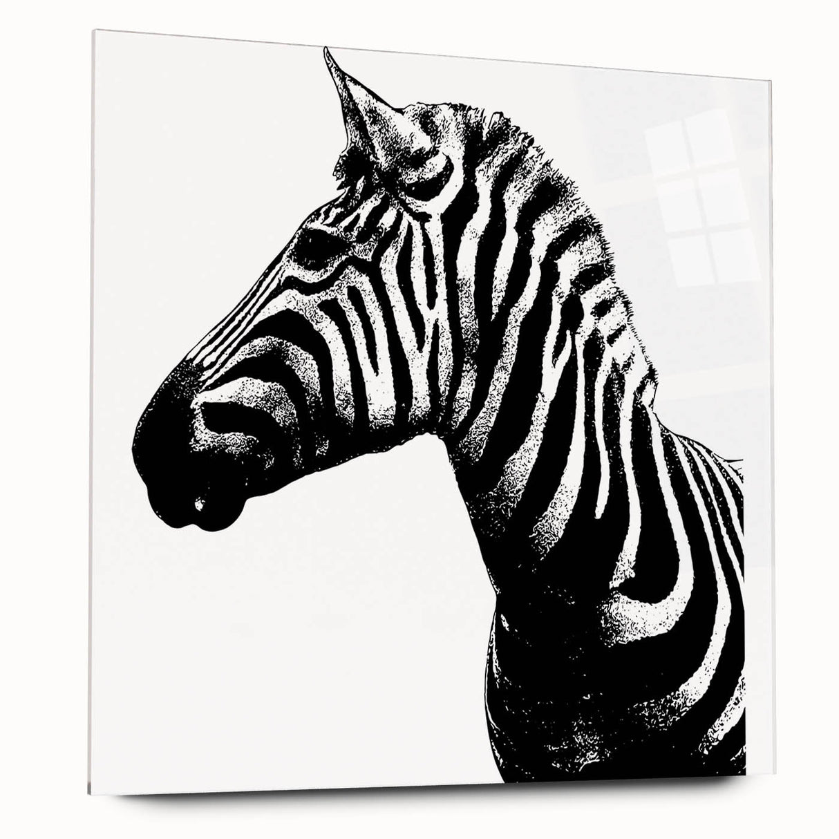 Zebra design wall art piece displayed in acrylic glass, showcasing a vibrant black and white zebra pattern, ideal for wildlife-themed decor. Perfect for animal lovers.