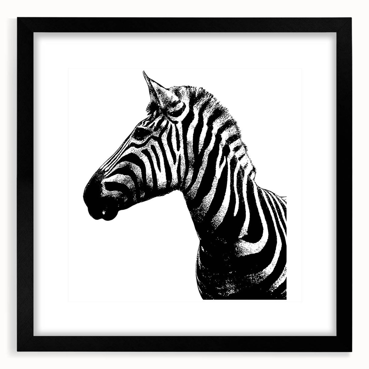 Framed wall art showcasing a striking zebra design in black and white, perfect for animal lovers and modern decor, set against a sleek black frame with a mat.