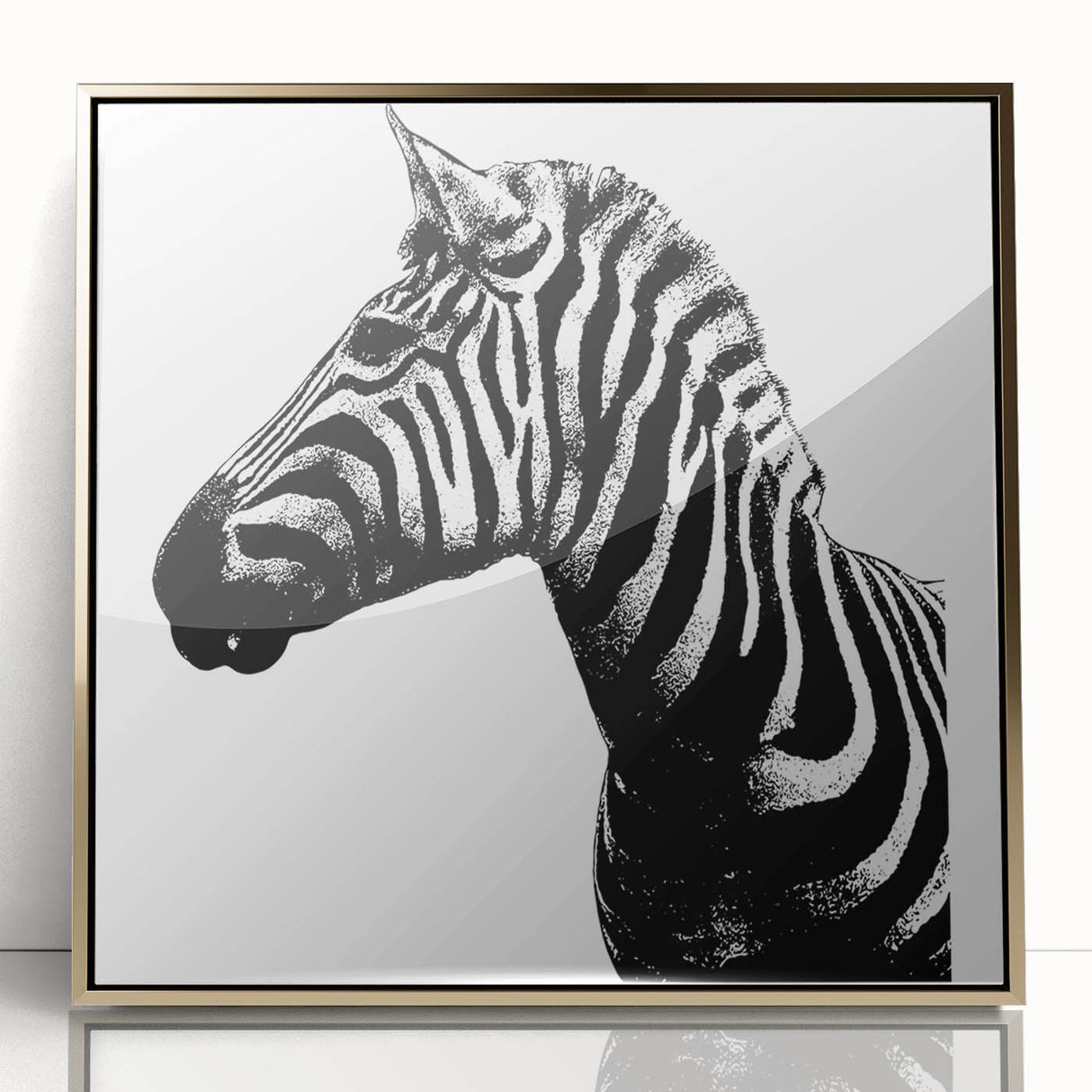 Framed wall art showcasing a striking zebra design in bold black and white colors, featuring an elegant gold acrylic frame, perfect for modern home decor.