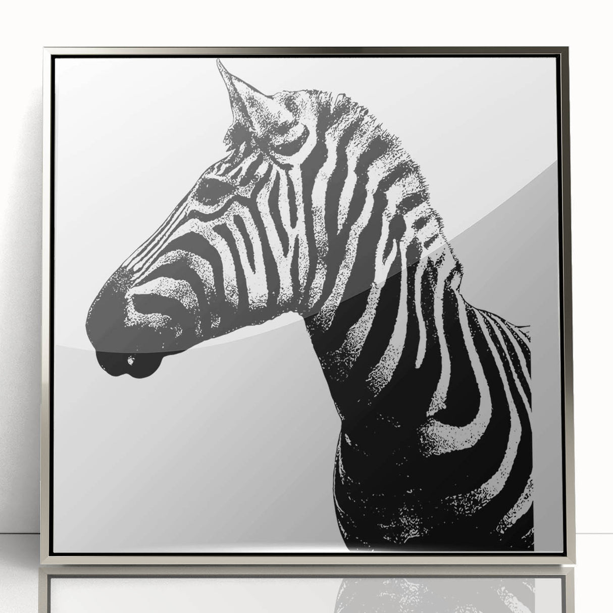 Framed wall art featuring a striking zebra design in a silver acrylic frame, showcasing bold black and white stripes, perfect for wildlife enthusiasts and modern decor.