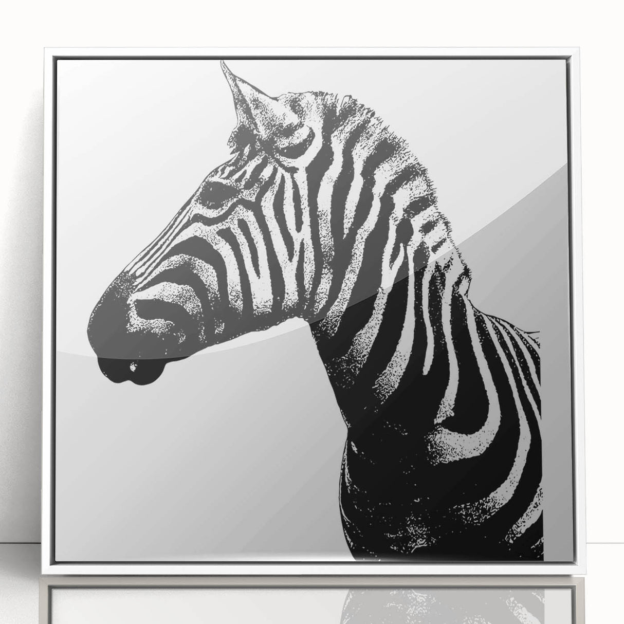 Framed acrylic wall art featuring a striking zebra design in black and white, perfect for modern decor. Ideal for animal lovers and wildlife enthusiasts.