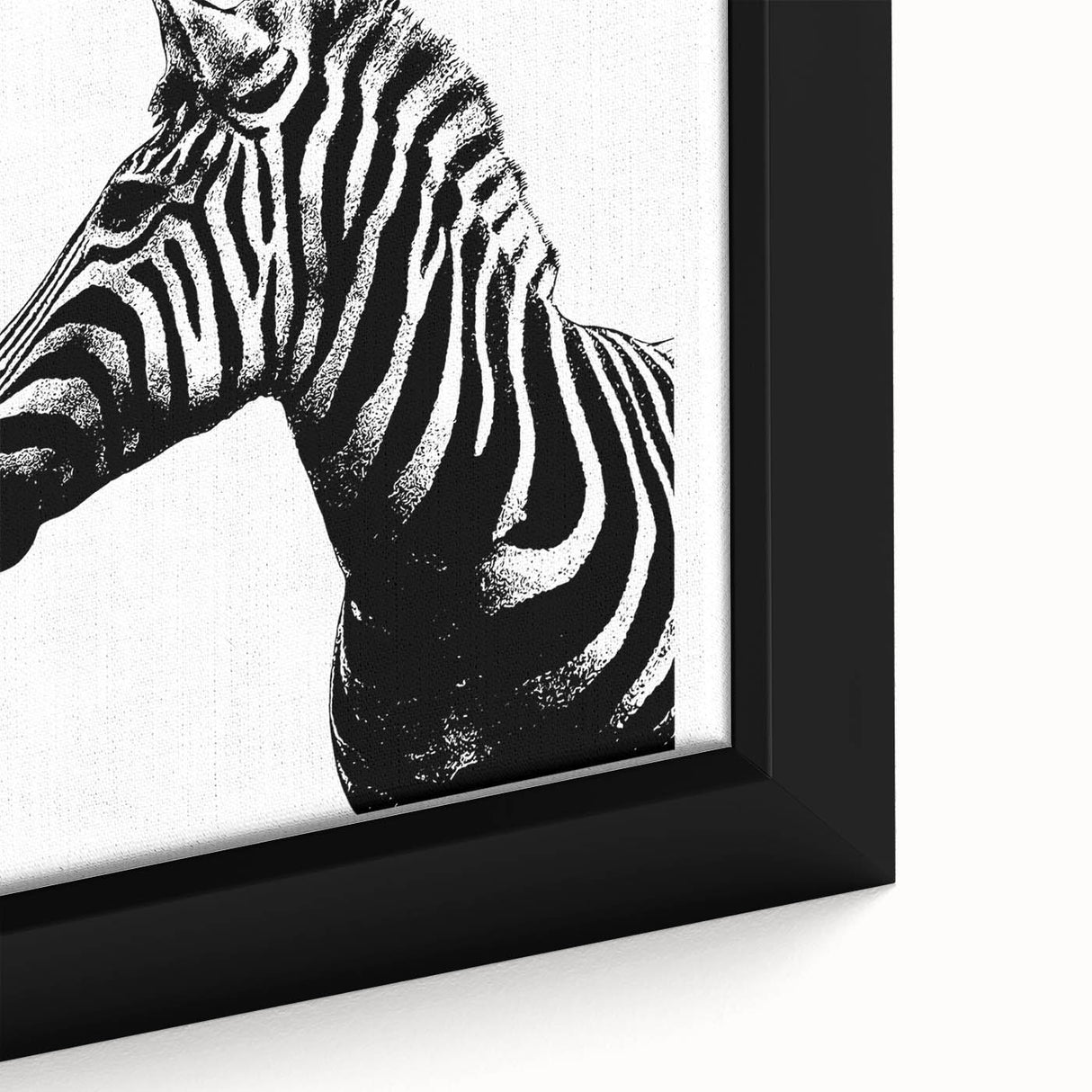 Close-up of a framed canvas wall art featuring a striking zebra design, showcasing intricate details and vibrant black and white patterns, perfect for animal lovers and modern decor.