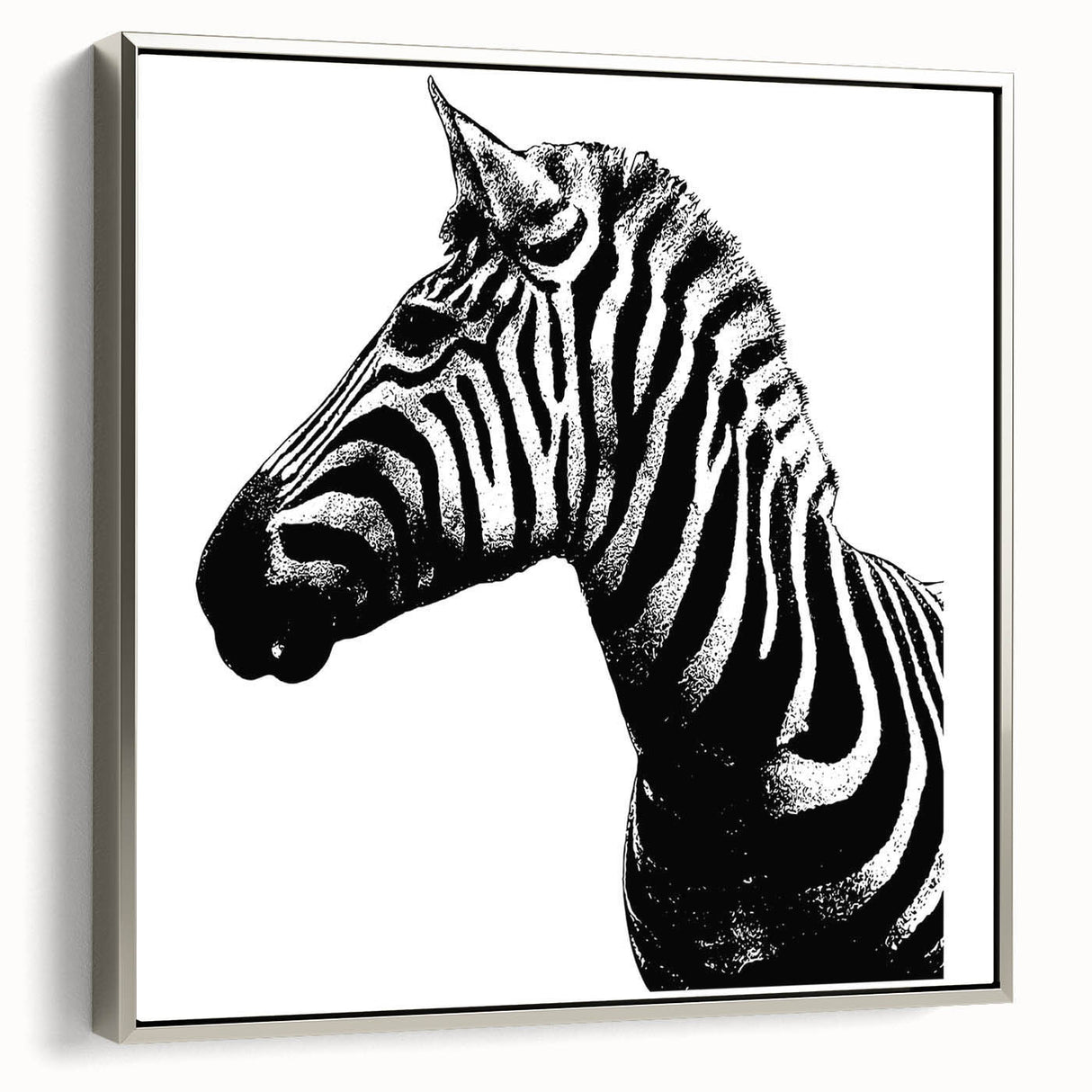 Framed wall art showcasing a striking zebra design with a silver frame, perfect for adding a touch of wildlife elegance to modern decor. Ideal for animal lovers.