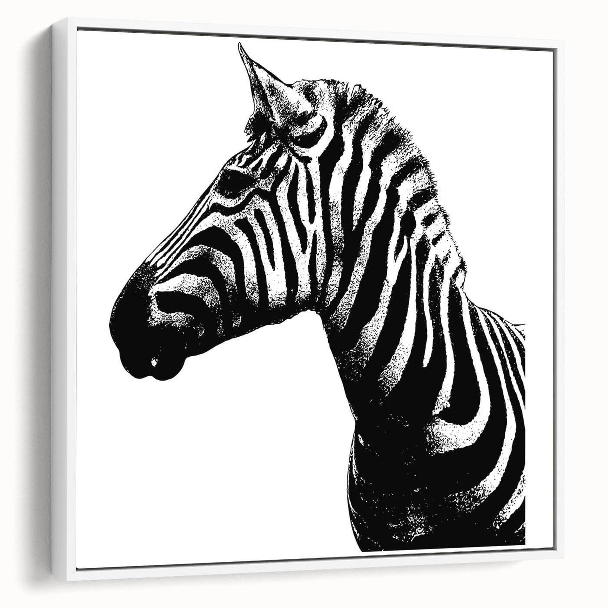 Framed canvas wall art depicting a striking zebra design in black and white, showcasing intricate textures and details, perfect for adding a touch of wildlife elegance to any home decor.